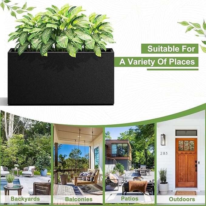 Metal Planter Box Rectangular Planter Box with Drainage Hole, Outdoor Large Planters, All-Weather Use, Rust-Resistance, for Flowers Plants, 32" L × 10" W × 16.3" H, Black