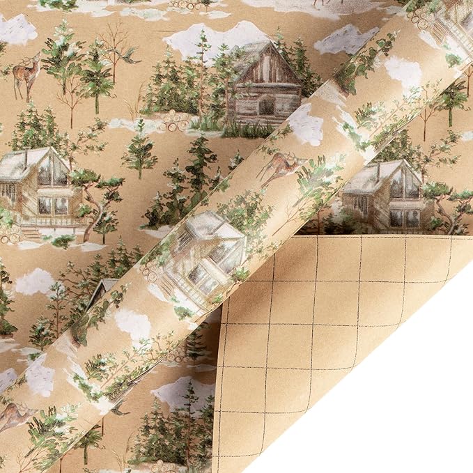 RUSPEPA Christmas Wrapping Paper Set, Jumbo Roll, Vintage Reindeer, Cabin, Bear and White Flower Design, Kraft Gift Wrap for Christmas, Holiday, Rustic Wedding, 4 Rolls, 30 inches x 10 feet per Roll