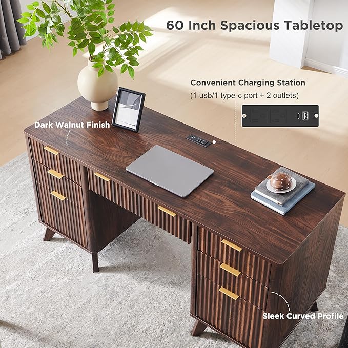 T4TREAM Fluted Executive Desk with Drawers, 60" Modern Home Office Computer Desk with Charging Station, File Cabinet, Keyboard Tray and Storage Cabinet for Study, Living Room, Bedroom, Dark Walnut