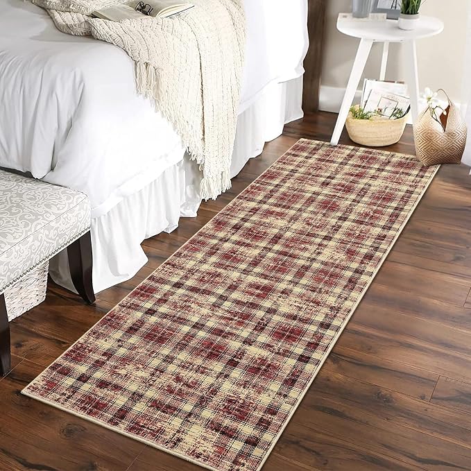 Washable Runner Rug 2x8 Modern Christmas Entryway Rug Tartan Plaid Non Slip Kitchen Rugs Rustic Bedroom Area Rug Hallway Runners Soft Carpet Bath Mat Stain Resistant Throw Rugs for Laundry Red