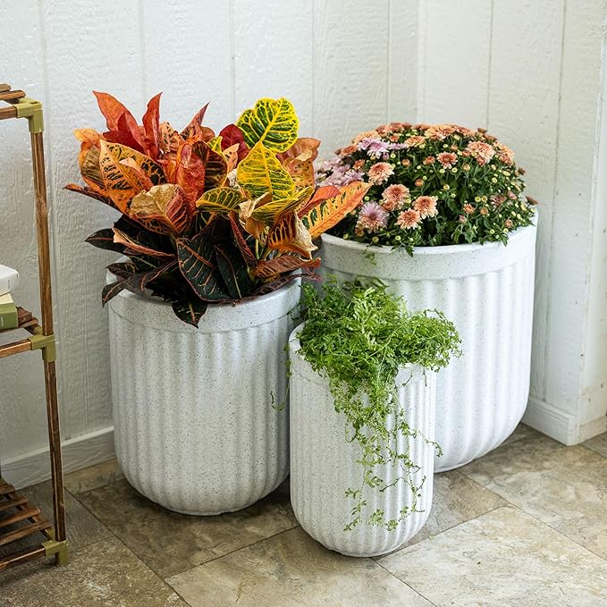 Beuta Large Planters for Outdoor Plants - Set of 3, 15/18/20 Inches - USA Made - Outdoor Planters for Porch - Tall Planter for Outdoor & Indoor Plants | Large Indoor Plant Pot - Limewash