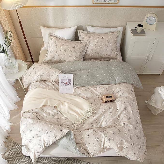 HighBuy Boho Floral Duvet Cover Queen Cotton Aesthetic Bedding Set Coquette Comforter Cover Set Reversible Green Garden Lightweight Soft Zipper Closure Breathable Queen Bedding Duvet Cover Set