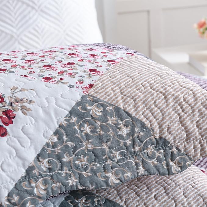 HoneiLife Quilt Set Twin Size - 2 Piece Microfiber Quilts Reversible Bedspreads Patchwork Coverlets Floral Bedding Set All Season Quilts with Geometric and Little Rose Print Pattern，Grey