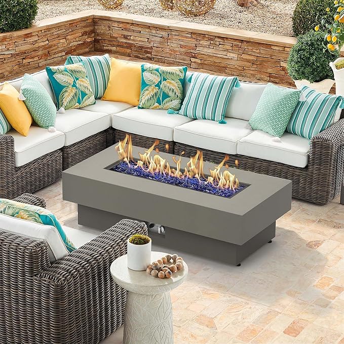 Outdoor Low Profile Fire Table, 48-inch Rectangle Propane Gas Fire Pit Table, 50,000 BTU Modern Firepit w/Lid, Glass Rocks, Cover, Pre-Attached 10ft Propane Hose, Flint Gray