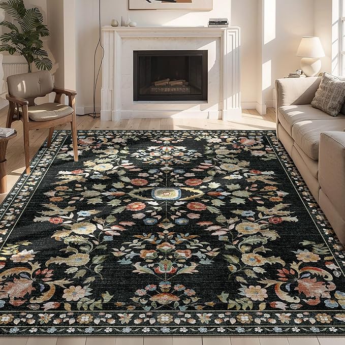 MUJOO Black Rug 6x9,Washable Floral Rugs for Living Room Bedroom Dining Room,Boho Indoor Floor Rug Large Non Slip Throw Carpet Low Pile Vintage