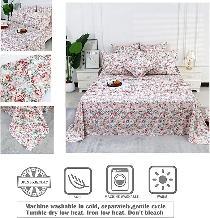 FADFAY Rose Floral Sheets Set King Vintage Red Floral Bedding Shabby Rustic Rose Sheets French Country Farmhouse Bedding 800 Thread Count 100% Egyptian Cotton Deep Pocket Fitted Sheet 4Pcs, King Size