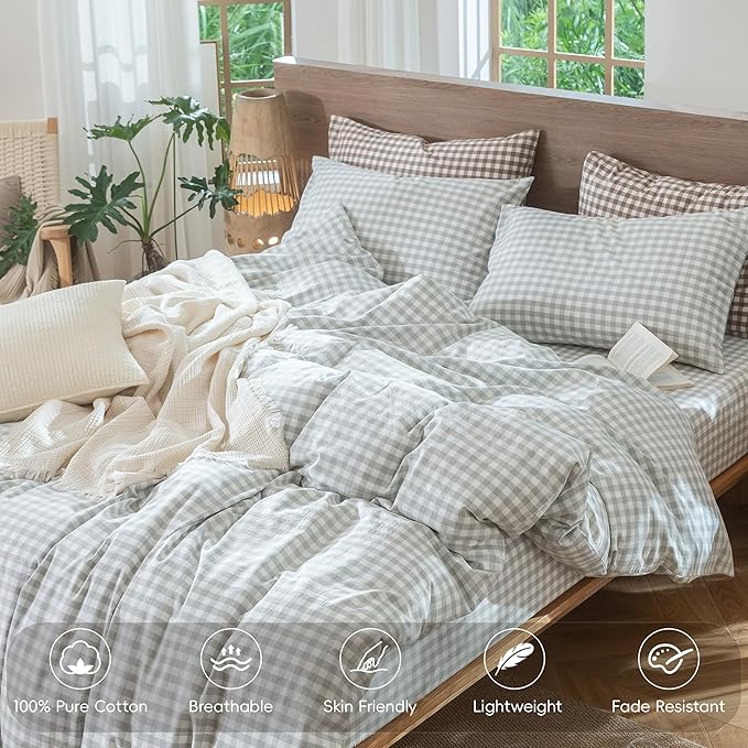 MooMee Gingham Duvet Cover Set 100% Washed Cotton Linen Like Textured Breathable Durable Soft Comfy Modern Checkered Design (Northern Droplet Grey Gingham, Oversized Queen 98"x98")