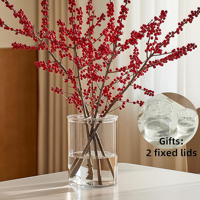 3 Acrylic Cylinder Clear Vase for Centerpieces, Tall Large Unbreakable Plastic Flower Vases for Home Decor (D 4.8" X H 7.8" - H 12" + 2 Holder)