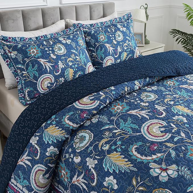 HoneiLife Queen Quilt Bedding Sets - Floral Quilt Bedding Sets 3-Piece 90x96, Microfiber Reversible Bedspreads Patchwork Coverlet Rustic Bedding Set All Season Quilts