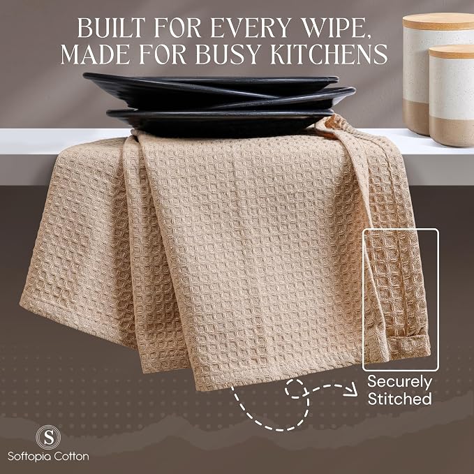 Beige Waffle Kitchen Dish Towels, 100% Cotton, Quick Dry, Super Absorbent, Soft, Lint-Free, 16x26 Inches - Ideal for Dish Drying, Bar, Tea, Cleaning, and Everyday Use, 12 Pack, Tan