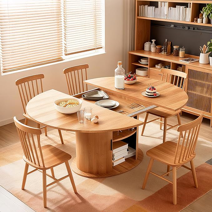 Wildhome Extendable Round Dining Table for 2-4-6, 63 Inch Dining Room Kitchen Table with 2-Tier Storage Shelf, Modern Farmhouse Fluted Wood Slide Door Dinner Furniture,Oval Circle (Oak-63 Inch)