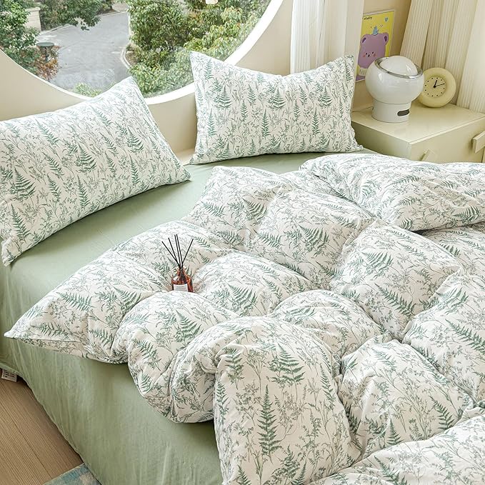 LifeTB Muslin Duvet Cover King Size 100% Cotton Botanical Floral Comforter Cover Ultra Soft Cottagecore Bedding Set Lightweight Linen Feel Textured Breathable Gauze Duvet Cover with 2 Pillowcases