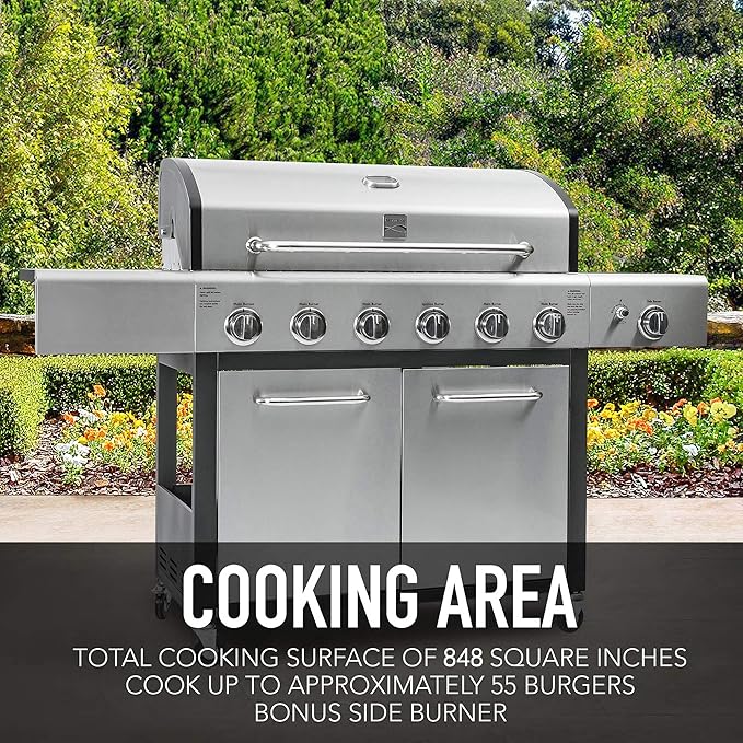 Kenmore 6-Burner Propane Gas BBQ Grill with Side Burner, 73,000 BTUs, Stainless Steel Cabinet Grill with Cast Iron Grates for Outdoor Cooking, Backyard BBQ, Patio, Large Parties