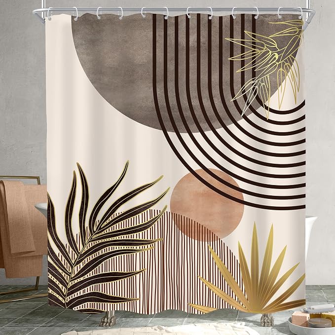 KOMLLEX Mid Century Boho Shower Curtain for Bathroom Decor Abstract Grey Modern Minimalist Brown Aesthetic Sun Arch Curve Leaves Geometric Neutral Fabric Waterproof Polyester 12 Pack Hook 60Wx72H