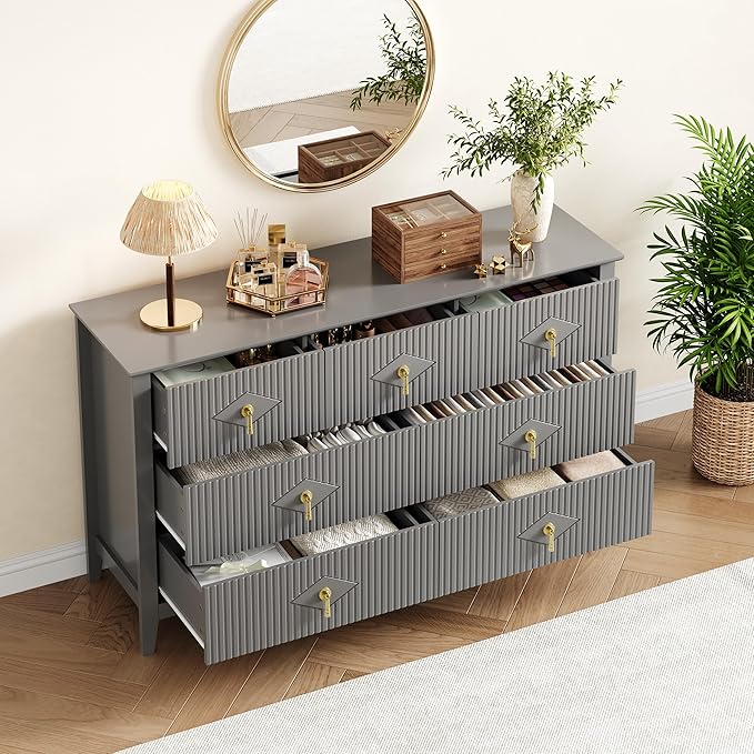 GarveeHome Fluted Dresser for Bedroom, 54 Inch Wide 7-Drawer Wood Dresser, Modern Chest of Drawers, Storage Organizer Cabinet for Living Room, Hallway, Entryway, Grey