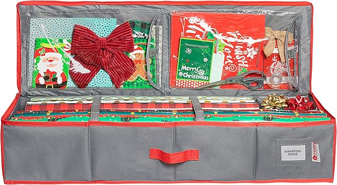 HOLDN' STORAGE Premium Wrapping Paper Storage Container - Durable 600D Tear-Proof, Fits 27 Rolls Gift Wrap, Extra Pockets for Ribbons & Bows, Underbed Storage - Ideal for Holiday Christmas, Grey/Red Trim