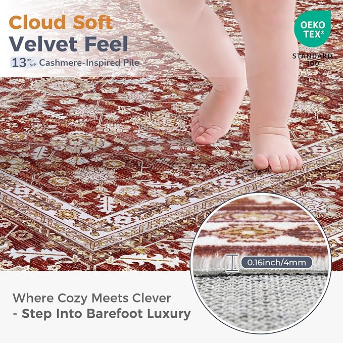 OPPODREAM Vintage Red Area Rugs 6x9, 6 x 9 Retro Washable Rug Non Slip, Low-Pile Faux Wool Carpet, Distressed Floor Mat for Living Room, Bedroom, Kitchen, Office, Dorm, Dinning Room