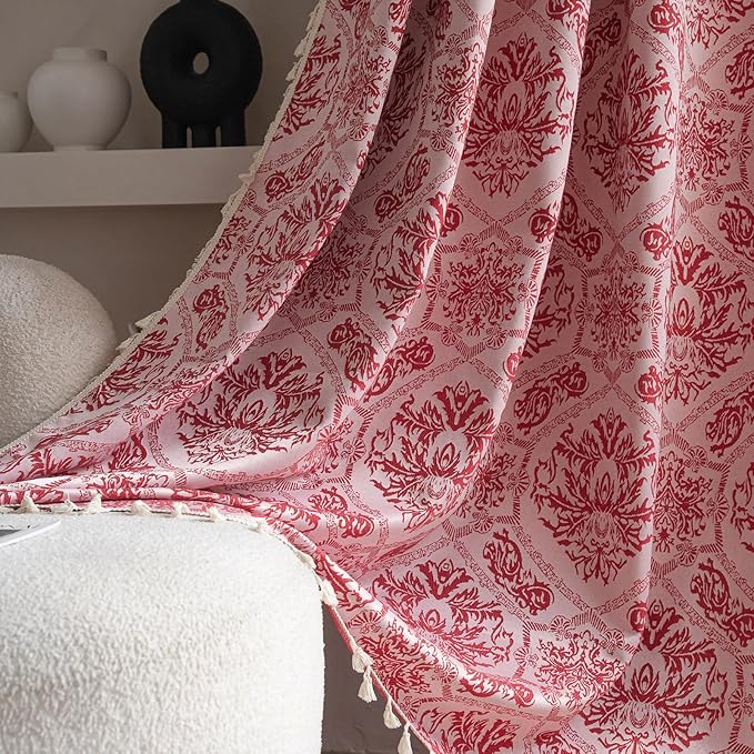 ENJOYBRIDAL Red Damask Curtains 63 Inches Living Room Bedroom Drapes 2 Panel Sets Vintage Semi Sheer Short Window Curtain Panels Dining Room Rod Pocket Jacquard Medallion Patterned Window Treatments