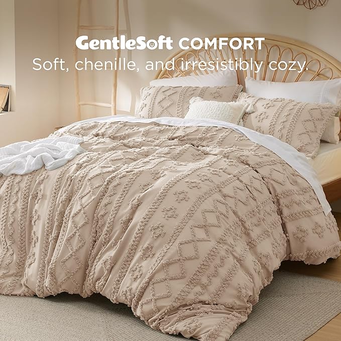 Bedsure Boho Duvet Cover Queen Size, Soft & Comfortable Elegant Design Boho Bedding for Decoration, Machine Washable Comforter Cover for All Seasons,Includes 1 Duvet Cover & 2 Pillow Shams,Khaki