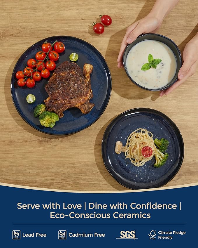 Pokini 24 Piece Ceramic Dinnerware Sets for 8, Starry Blue Reactive Glaze | Unique Coastal Edge for Holiday Gatherings, Thanksgiving, Dinner Parties | Microwave & Dishwasher Safe Stoneware Dish Set