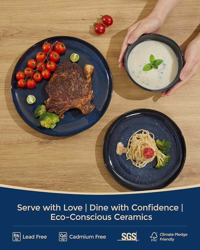 Pokini 18 Piece Stoneware Dish Set for 6, Reactive Glaze Ceramic Plates and Bowls Set | Coastal‑Inspired Irregular Design for Casual Entertaining & Intimate Dinners | Dishwasher & Microwave Safe