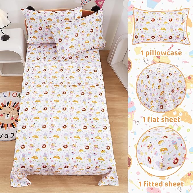 Viviland 3 Pieces Girls Cake Dessert Twin Sheet Set - Soft Microfiber Fitted Flat Sheets & Pillowcase - Kids Cute Ice Cream Donuts Print Bedding Sets - for Kids & Toddlers