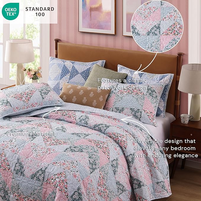 Quilt Set Queen Size, Patchwork Pink Floral Quilt Sets, Reversible Bedspread Lightweight and Breathable for All Seasons, Soft Quilted Bedspread with 2 Pillow Shams