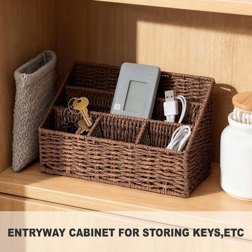 DINGTAI Rattan Desk Organizer - 5-Slot Mail Holder & Wicker Magazine Basket | Brown Boho Office Decor