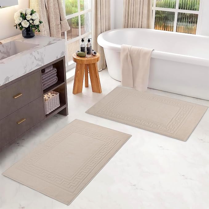 Superior Heavyweight Cotton Bath Mats, Bath Rugs For Bathroom Accessories, Washable Rug For Shower, Bath, Toilet, Modern Decor, No Backing, Luxury Hotel And Spa Quality, Set of 2, 22" x 35", Ivory