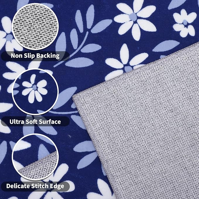 Washable 8x10 Rug Modern Floral Area Rug for Living Room Low Pile Soft Bedroom Indoor Carpet Modern Solid Large Rugs Non Slip Thin Foldable Floral Carpet Mat for Nursery Dining Room, Navy