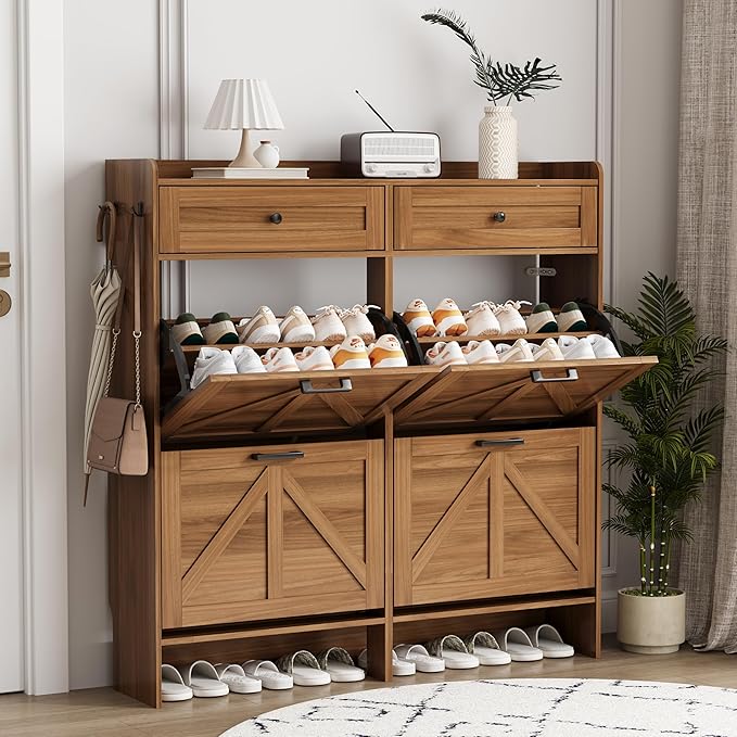 Shoe Cabinet with 4 Flip Drawers & 2 Top Drawers, 43" Tall Freestanding Narrow Wooden Shoe Storage Organizer for Entryway, Hidden Slim Shoe Rack for Front Door Entrance, Hallway, Living Room, Walnut