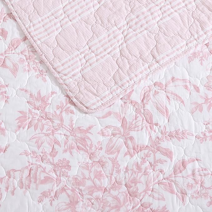 Laura Ashley - King Quilt Set, Soft & Reversible Cotton Floral Bedding with a Medium Weight Feel, 3 Piece Bed Set with Matching Pillowcases (Bedford Pink)