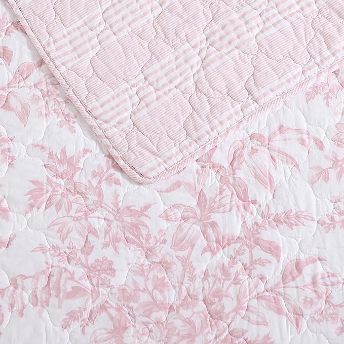 Laura Ashley - Twin Quilt Set, Soft & Reversible Cotton Floral Bedding with a Medium Weight Feel, 2 Piece Bed Set with Matching Pillowcase (Bedford Pink)