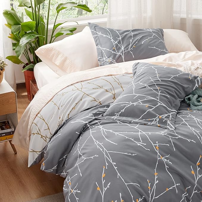 Bedsure Duvet Cover Queen Size - Reversible Tree Branch Duvet Cover Set with Zipper Closure, 3 Pieces Grey Bedding Set with 8 Corner Ties and 2 Pillow Shams 20"x26"