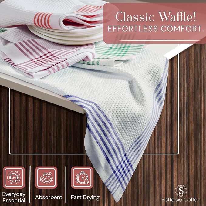 Waffle White & Multi Colors Kitchen Towels Set of 4, 100% Cotton, 16x26 inches, Quick Dry Dishcloths, Ideal Dish Towel for Drying, Wiping - Indigo Blue, Red, Dark Green, Burgundy