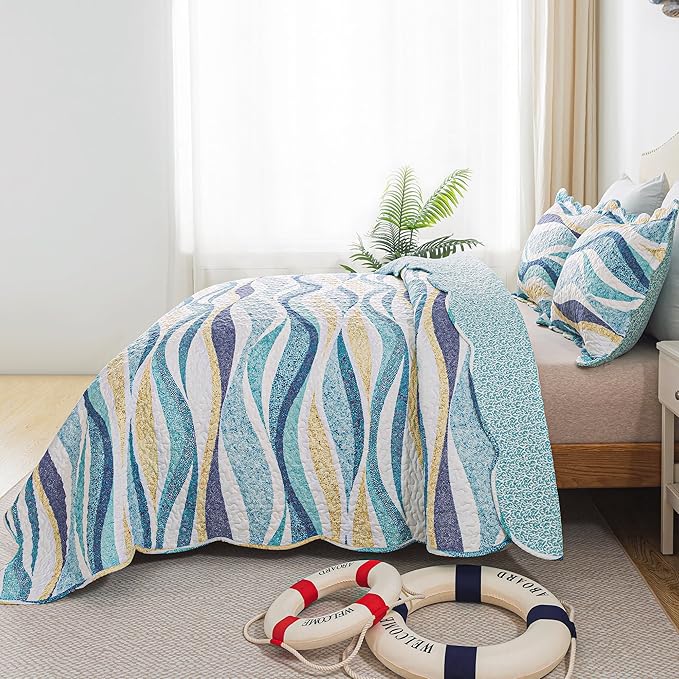 HoneiLife Beach Quilt King Size - 3 Pieces Coastal Quilt Sets Nautical Bedspreads Ocean Coverlets Lightweight Bed Cover, King Quilt Bedding Set All Season Quilts