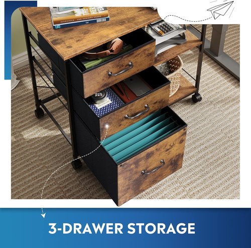 DEVAISE 3 Drawer Mobile File Cabinet - Rolling Printer Stand with Open Storage Shelf | Rustic Brown Wood Grain, Fits A4 & Letter Size