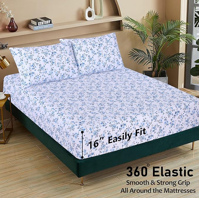 RUVANTI 100% Cotton Full Size Bed Sheets, 4 Pieces, Soft & Breathable Percale Weave Bedding, Deep Pocket 16", Hotel Standard, Crisp Cool Feel, Durable, Perfect Sheet Set Floral, Annual