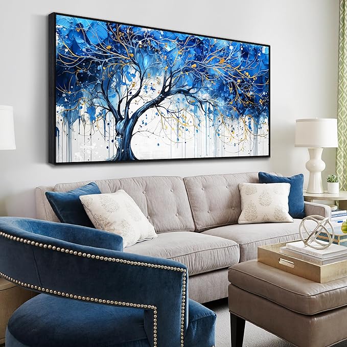 Tree Theme Pictures for Wall Decor - Blue Living Room Wall Art - Large Black Framed Wall Art Size 29" x 59"