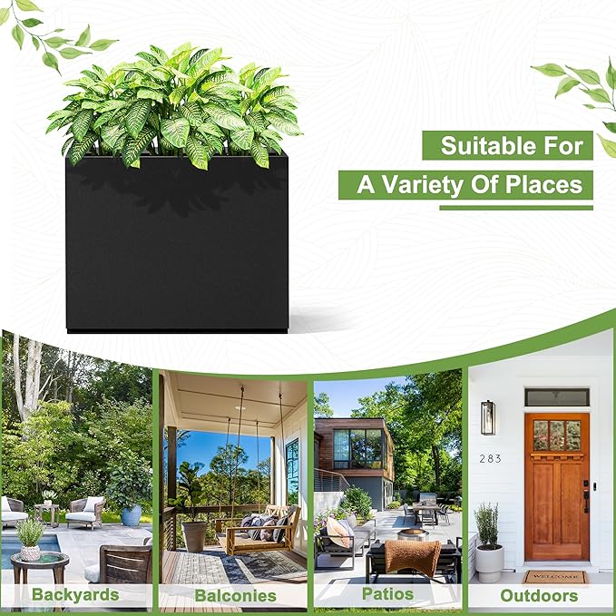 Metal Planter Box Rectangular Planter Box with Drainage Hole, Outdoor Large Planters, All-Weather Use, Rust-Resistance, for Flowers Plants, 29.9" L × 12" W × 24" H, Black