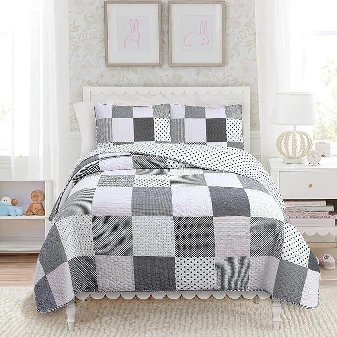 Cozy Line Home Fashions Black White Pink Polka Dots Striped Star Girl 100% Cotton Reversible Quilt Bedding Set, All-Season Coverlet Bedspread (Black Pink, Twin - 2 Piece)