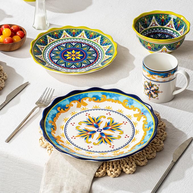 UNICASA Ceramic Dinner Plate Set of 4, 10.5 Inch Porcelain Pasta Plates Set– Serving Dishes for Salad, Steak, Colorful Boho Decoration, Microwave & Dishwasher Safe