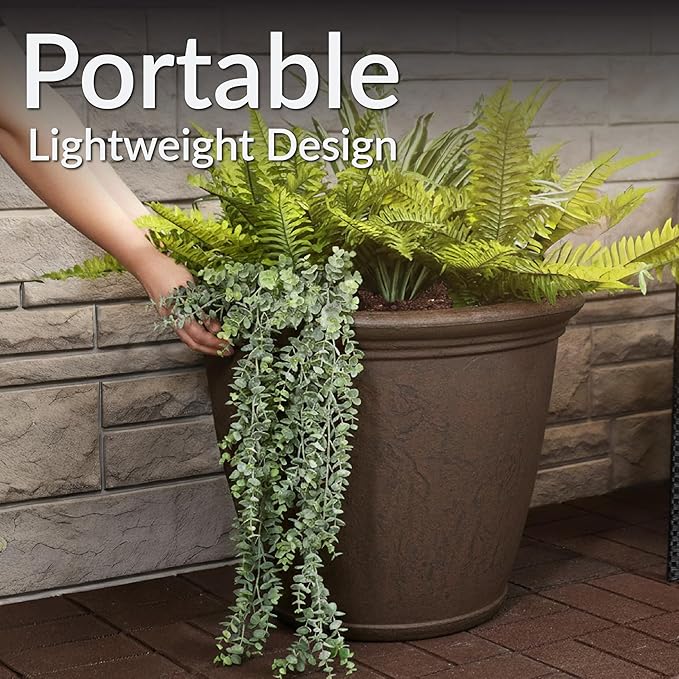 Sunnydaze 24-Inch Anjelica Large Plastic Pot for Plants - Double-Walled Outdoor Polyresin Round Planter Porch Pot with Drillable Drainage Holes - Rust - 4pk