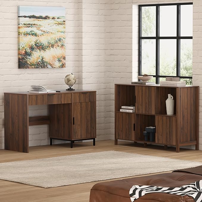 47" Fluted Executive Desk, Modern Wood Home Office Desk with Charging Station, Drawer & Cabinet, Computer Writing Desk for Work Study, Brown