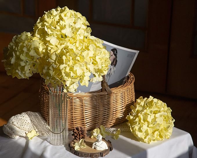 DuHouse Hydrangea Silk Flowers Artificial Flowers with Stem Fake Flower Heads for Wedding Centerpiece Home Decor Pack of 6 (Yellow)