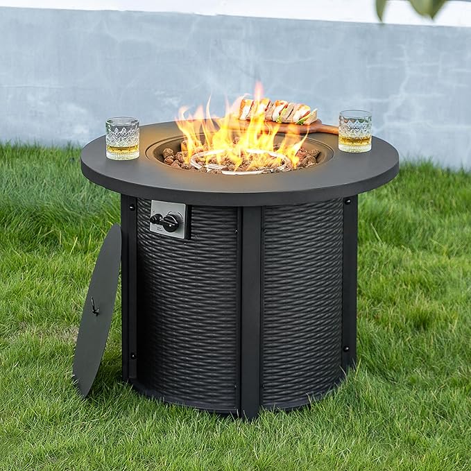 Nuu Garden 30'' Outdoor Round Propane Fire Pit Table, CSA-Certified 2-in-1 Gas Fire Pit with Rattan-Embossed Metal Frame, Stainless Steel Burner, Lid & Lava Rocks, for Patio Dining & Party, Black