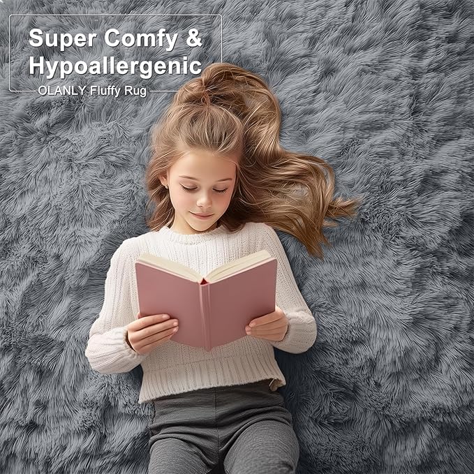 OLANLY 6x12 Machine Washable Large Area Rugs for Living Room, Bedroom, Soft Fluffy Shaggy Bedside Rug, Indoor Floor Carpet for Kids Girls and Boys, Dorms, Nursery, Home Decor Aesthetic, Grey