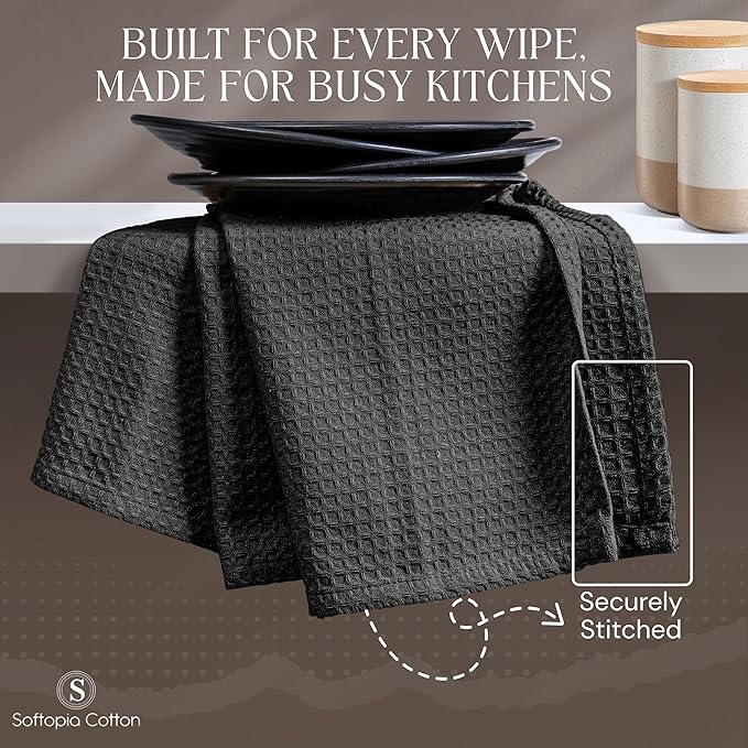 Black Waffle Kitchen Dish Towels 100% Cotton, Soft, Absorbent, Quick Drying, Multipurpose Use, Bar & Tea Towels, 16x26 Inches, Durable, Machine Washable, Reusable, Set of 12