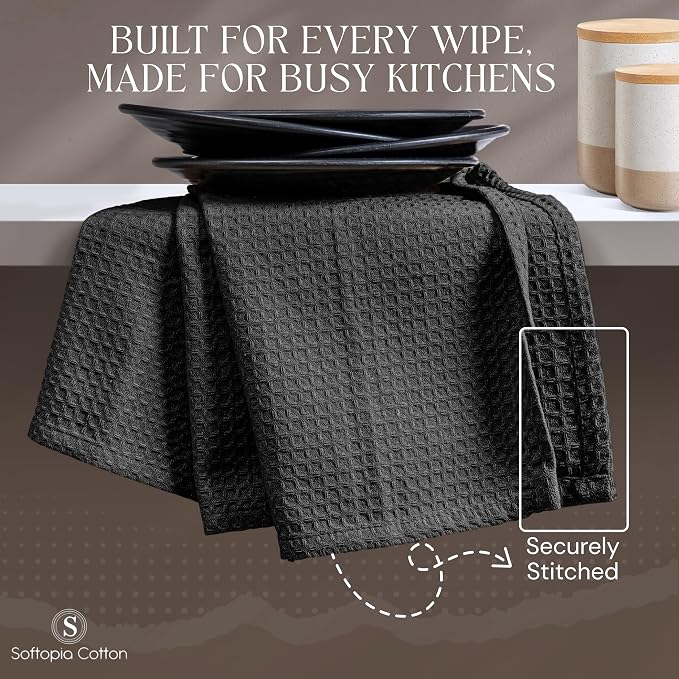 Black Waffle Kitchen Dish Towels, 100% Cotton, Quick Dry, Super Absorbent, Soft, 16x26 Inches - Ideal for Dish Drying, Bar, Hand Wipe, Cleaning, and Everyday Use, 4 Pack