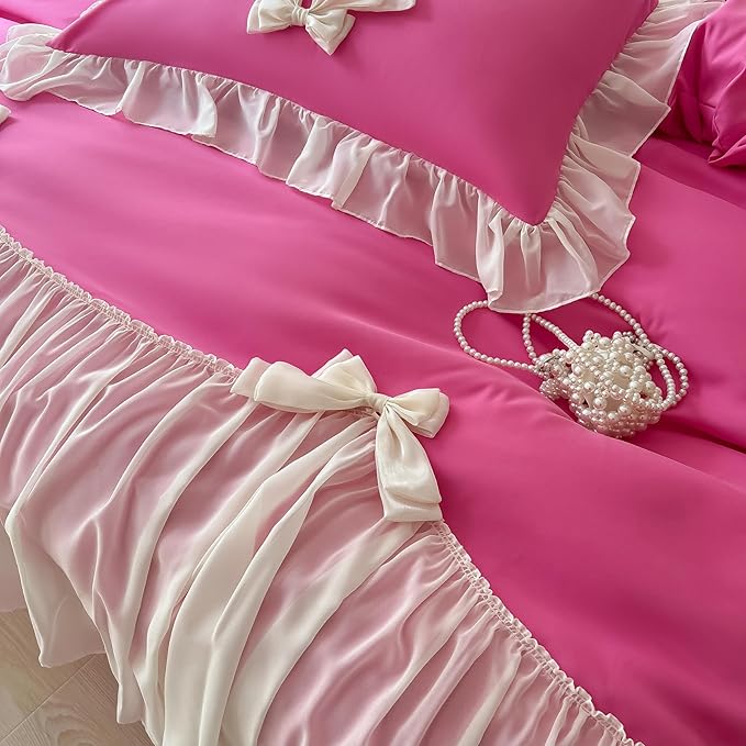 Girls Lace Bedding,Queen Comforter Cover Set, Chic Ruffled Duvet Cover with Lovely Bow,Princess Style 1 Duvet Cover with 2 Pillowcases, No Comforter-Hot Pink,Queen Size